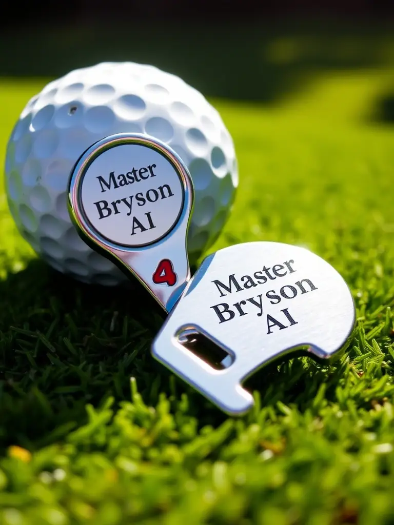 A vibrant image of a Master Bryson AI branded golf ball marker and divot repair tool set, displayed on a putting green. The logo is clearly visible on both items.