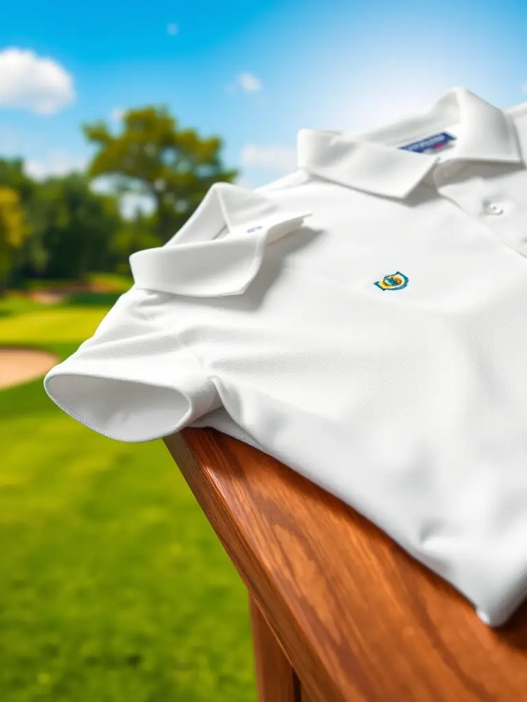 A high-quality photograph of a Master Bryson AI branded golf polo shirt, neatly folded, showcasing the logo prominently. The shirt is displayed against a blurred background of a lush green golf course.