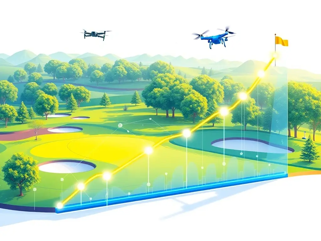 A digital illustration depicting the development of the Master Bryson AI cryptocurrency, showing its growth and integration with the golf course project, highlighting key technological advancements and community adoption.