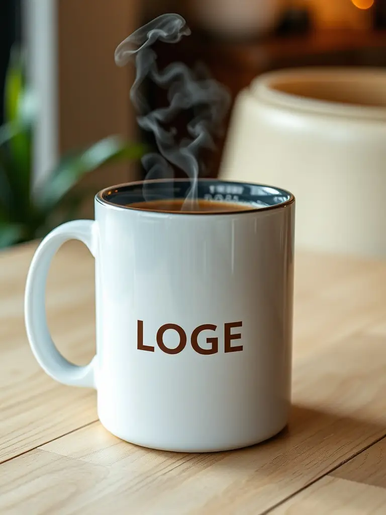 A close-up shot of a Master Bryson AI branded coffee mug, filled with steaming coffee, with the golf course visible in the background through a window. The logo is clearly visible on the mug.