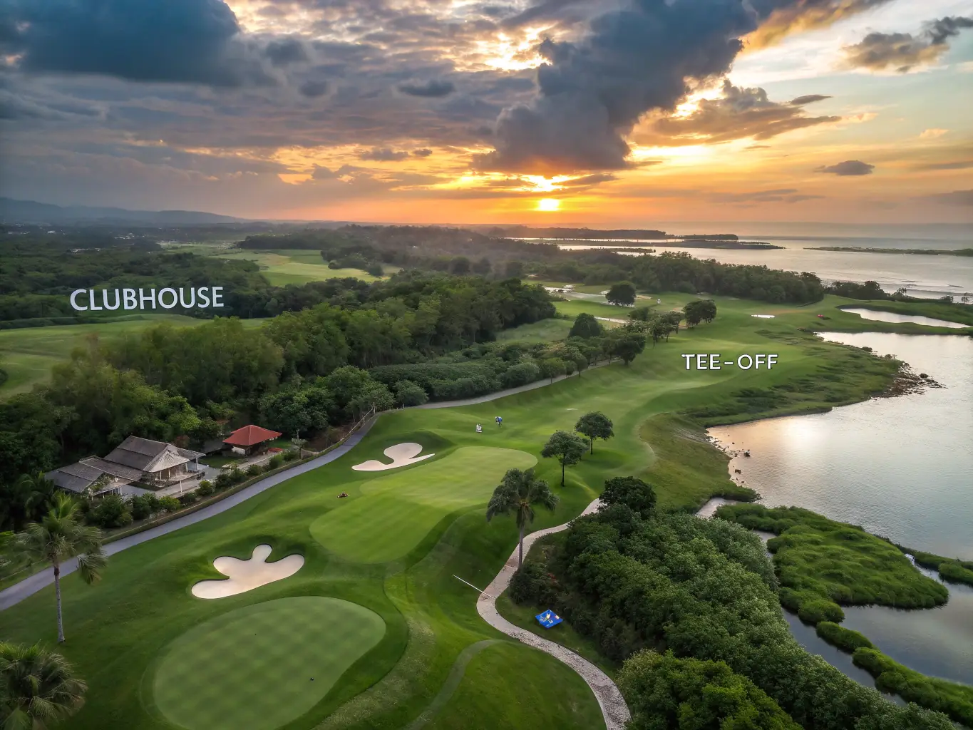 A futuristic visualization of the completed Master Bryson AI golf course, featuring advanced technologies such as AI-powered caddies, drone-based course maintenance, and interactive digital displays, all powered by cryptocurrency.